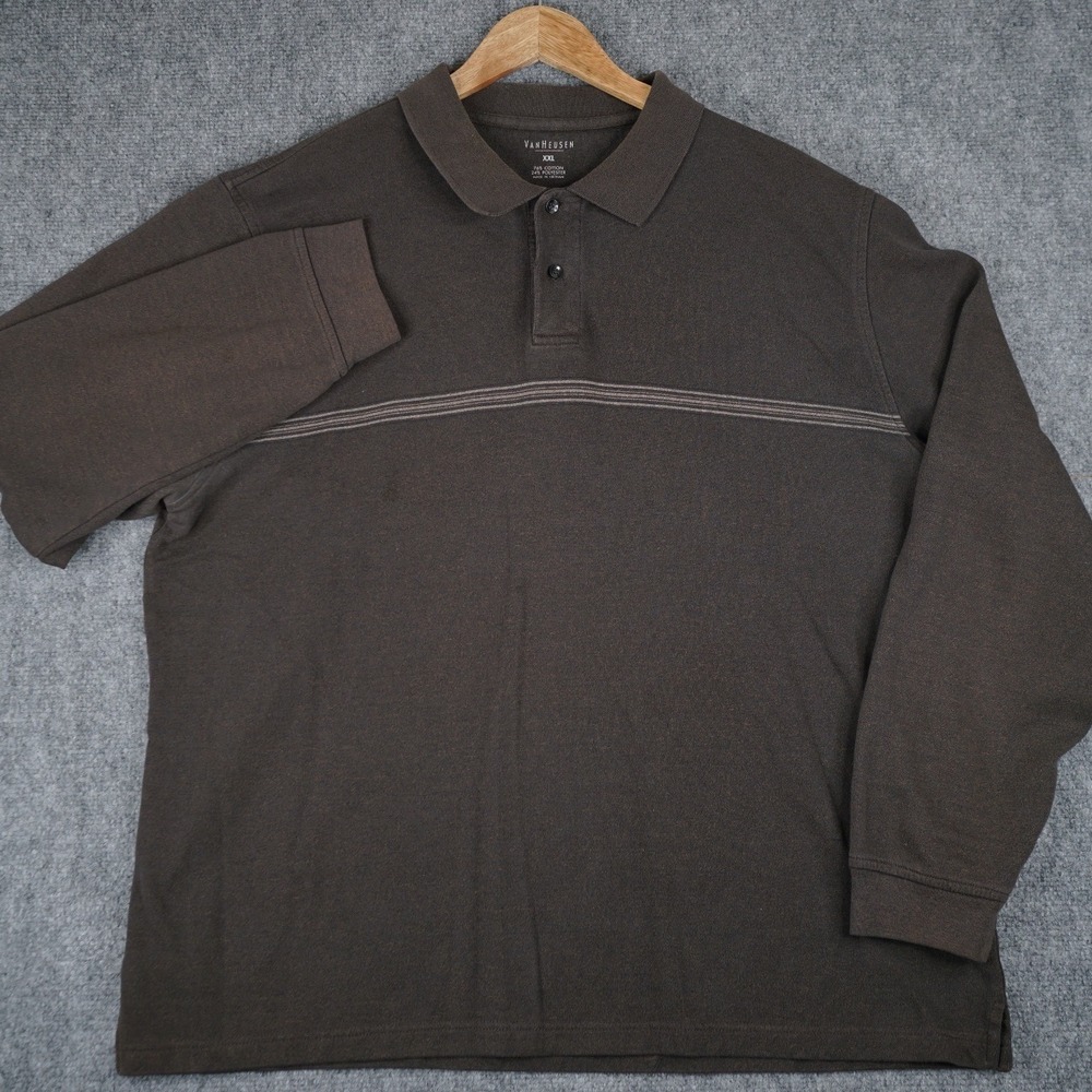 Van Heusen Polo Shirt Mens XXL Brown Long Sleeve Striped Cotton Blend Casual